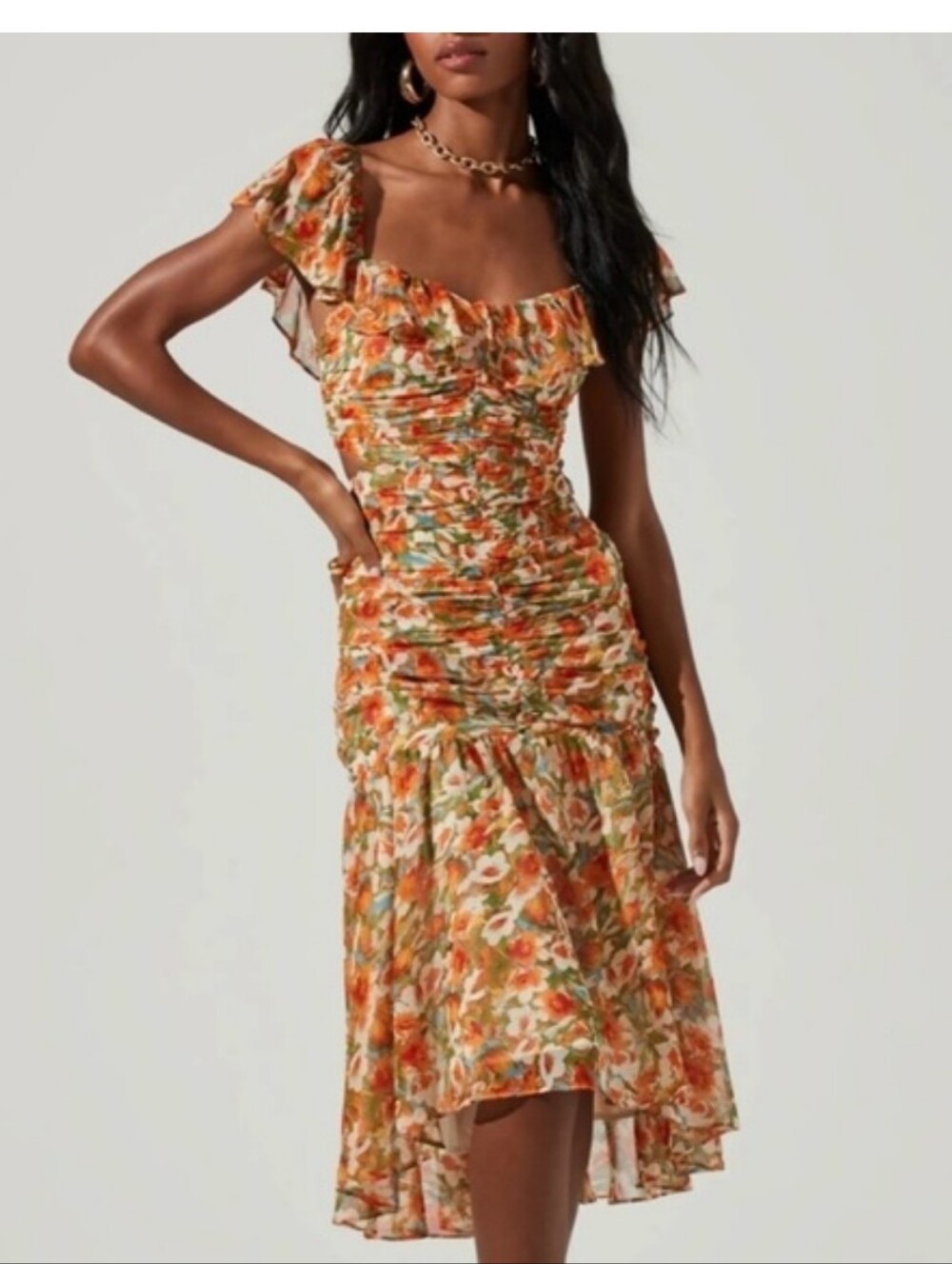 ASTR Floral Ruched Midi Dress With Cutouts